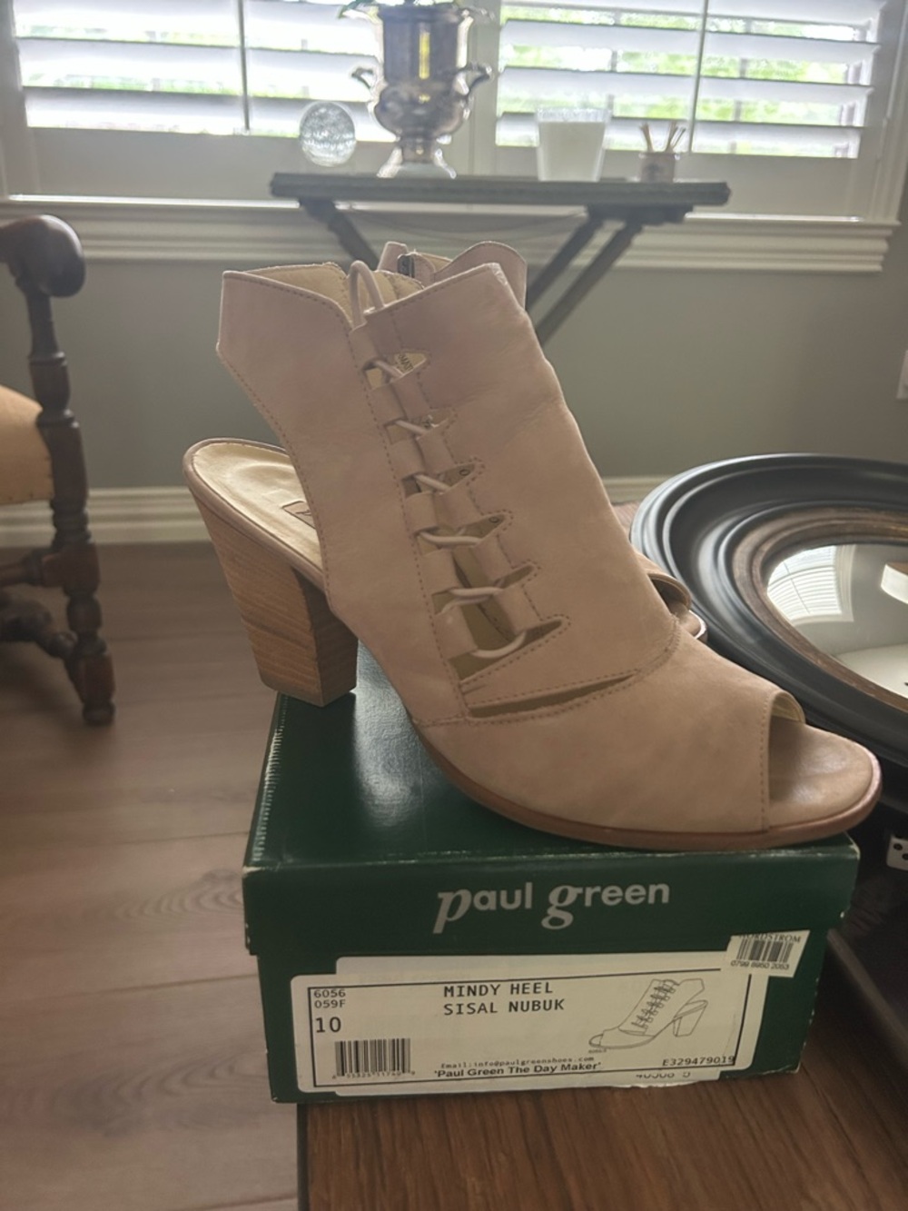 Paul Green Open-Toe Lace-Up Block Heel in Beige Nubuck